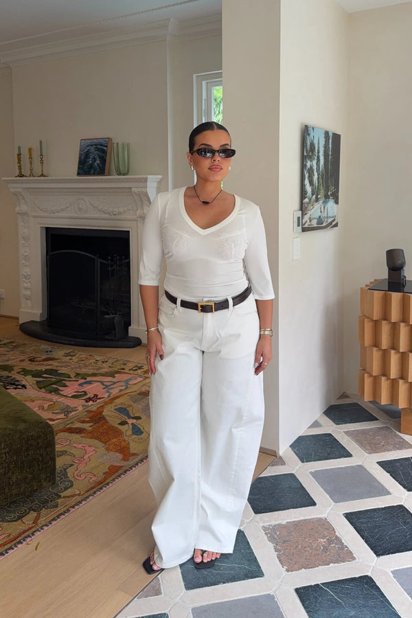 Jaz 3/4 Sleeve V Neck Jersey Top White by Sneaky Link, sculpted V neck top with stretch fit, perfect for day or night styling