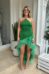 Lumiere Plumage Tulip Dress Emerald Green by Oséree – A bold, glamorous dress featuring luxurious ostrich feathers and a chic halter neck, perfect for standout events.