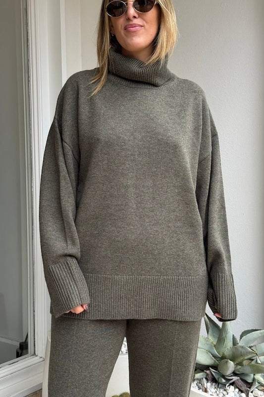 Pascal Cashmere Blend Pant Army Green by Camilla and Marc, luxe high-waisted knit with front creases and side splits, perfect for chic lounging or travel days.