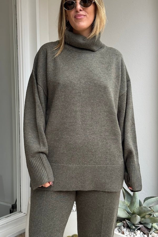 Pascal Cashmere Blend Pant Army Green by Camilla and Marc, luxe high-waisted knit with front creases and side splits, perfect for chic lounging or travel days.