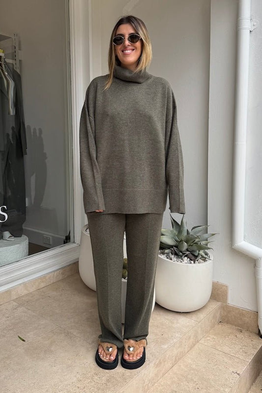 Pascal Cashmere Blend Pant Army Green by Camilla and Marc, luxe high-waisted knit with front creases and side splits, perfect for chic lounging or travel days.