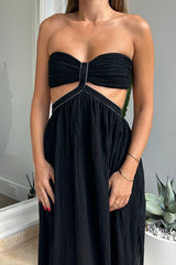 Chloe Dress Black by D'Artemide – A one-size cotton dress with ruched strapless top, side split, and relaxed low-back finish.