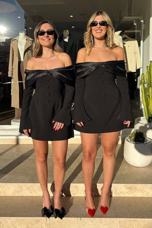 Ultimate Muse Bow Mini Dress Black by Odd Muse – Satin bardot neckline, button details, split sleeves, and hidden zipper.