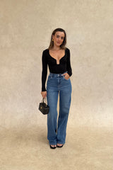 Celine High Rise Stretch Jean Indigo by Sneaky Link, high-stretch sculpting denim with a clean flare, elongating legs perfectly.