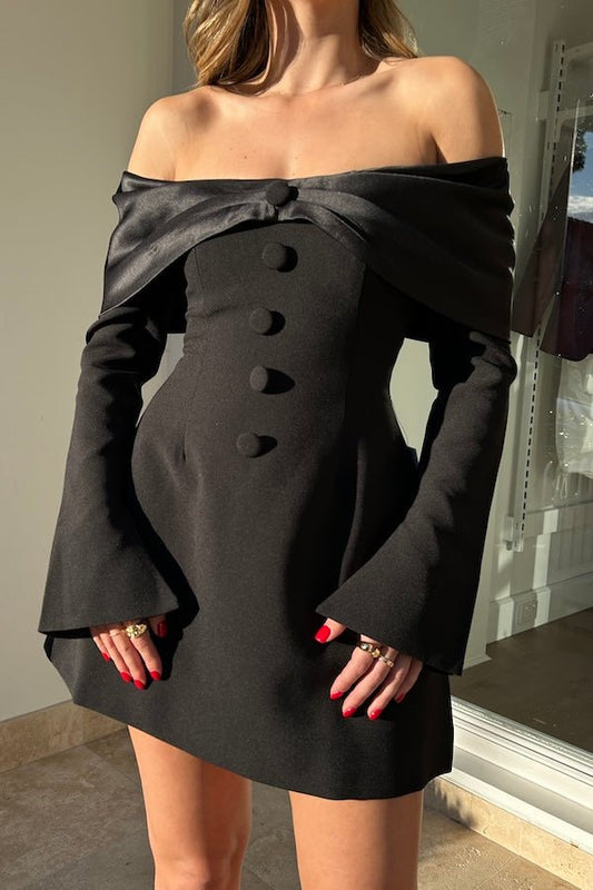 Ultimate Muse Bow Mini Dress Black by Odd Muse – Satin bardot neckline, button details, split sleeves, and hidden zipper.