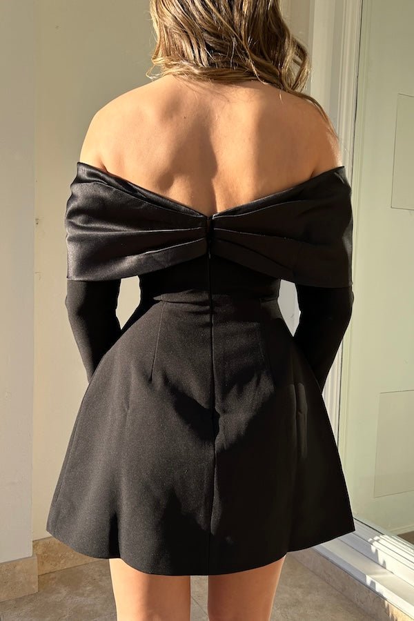 Ultimate Muse Bow Mini Dress Black by Odd Muse – Satin bardot neckline, button details, split sleeves, and hidden zipper.