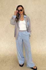 Nessa Stripe Pant Choc Blue by Sneaky Link – a relaxed cotton pant with stripe design and soft feel. Perfect for easy styling.