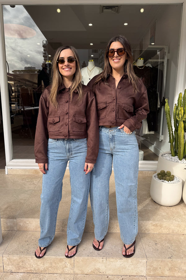 Dani Jacket Chocolate by Sneaky Link, luxe faux suede cropped boxy jacket with button-up front and pockets, perfect for co-ords or denim looks.