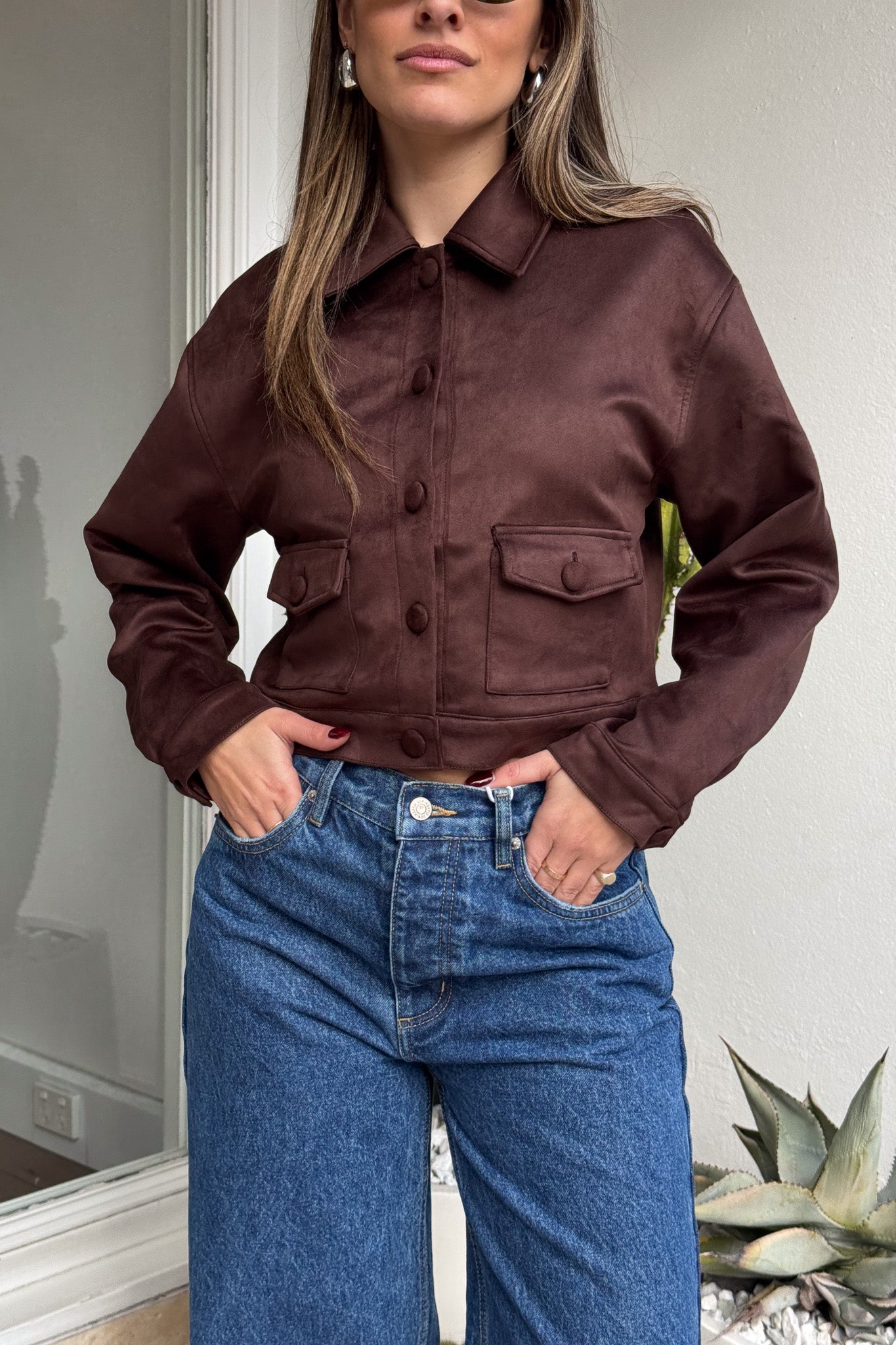 Dani Jacket Chocolate by Sneaky Link, luxe faux suede cropped boxy jacket with button-up front and pockets, perfect for co-ords or denim looks.