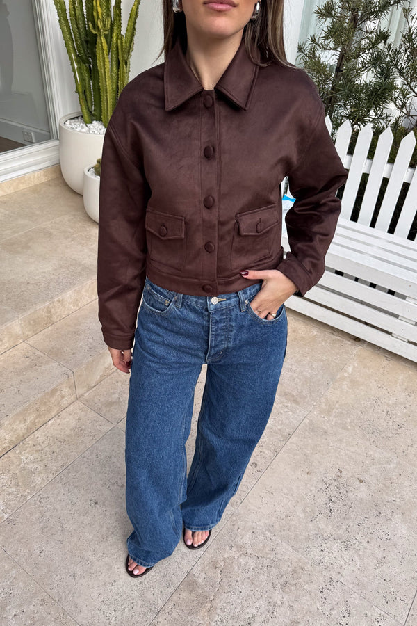 Dani Jacket Chocolate by Sneaky Link, luxe faux suede cropped boxy jacket with button-up front and pockets, perfect for co-ords or denim looks.