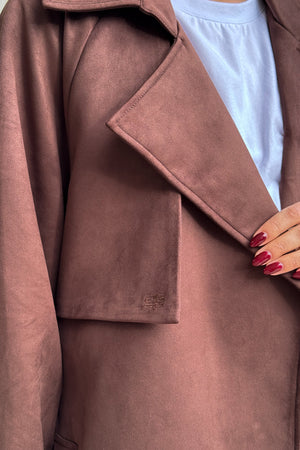 Dani Trench Coat Chocolate by Sneaky Link, modern classic faux suede trench with structured lapels and waist-defining belt, perfect for layering and transitional seasons.