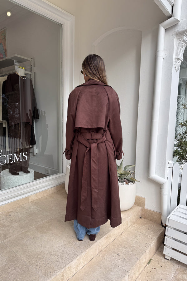 Dani Trench Coat Chocolate by Sneaky Link, modern classic faux suede trench with structured lapels and waist-defining belt, perfect for layering and transitional seasons.
