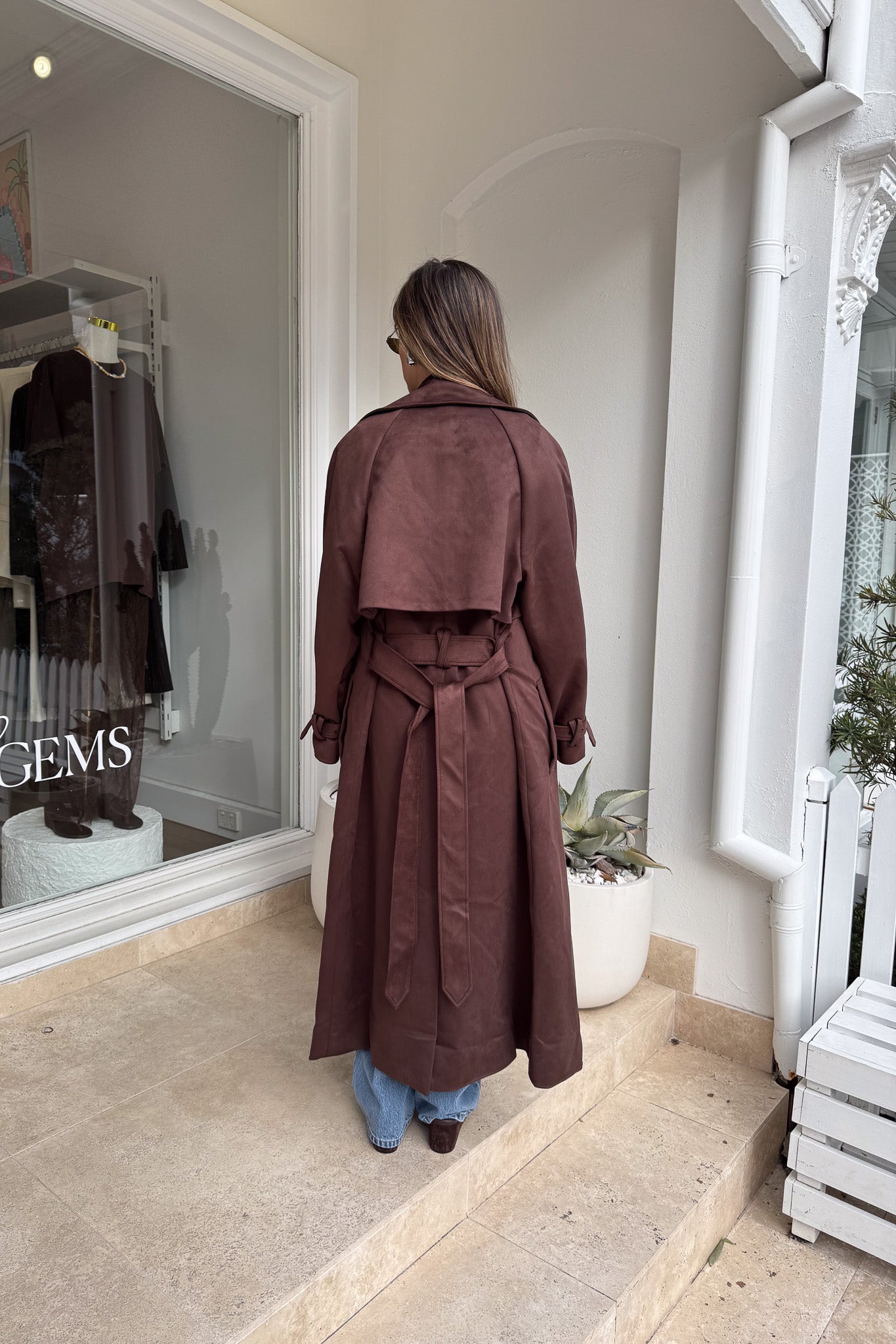 Dani Trench Coat Chocolate by Sneaky Link, modern classic faux suede trench with structured lapels and waist-defining belt, perfect for layering and transitional seasons.