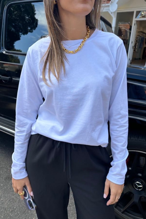 Long Sleeve Tee White by Sneaky Link – The ultimate capsule piece, this loose-fit 100% cotton tee is perfect for everyday wear. Lia wears M, Renee wears XS.