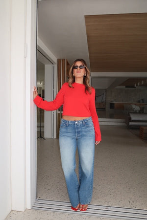 Claudia Long Sleeve Top Red by Sneaky Link – Soft cotton blend cropped tee with relaxed fit and long sleeves. Perfect for cozy autumn vibes and viral casual looks.