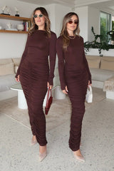 Caterina Midi Dress Chocolate by Sneaky Link – A sexy, cozy modal blend midi with ruched skirt and boat neckline, perfect for chic evening events and cooler nights.