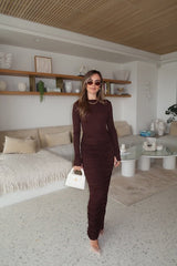 Caterina Midi Dress Chocolate by Sneaky Link – A sexy, cozy modal blend midi with ruched skirt and boat neckline, perfect for chic evening events and cooler nights.
