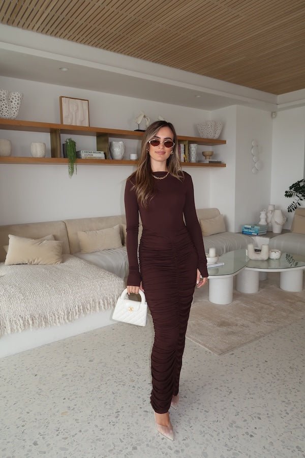 Caterina Midi Dress Chocolate by Sneaky Link – A sexy, cozy modal blend midi with ruched skirt and boat neckline, perfect for chic evening events and cooler nights.