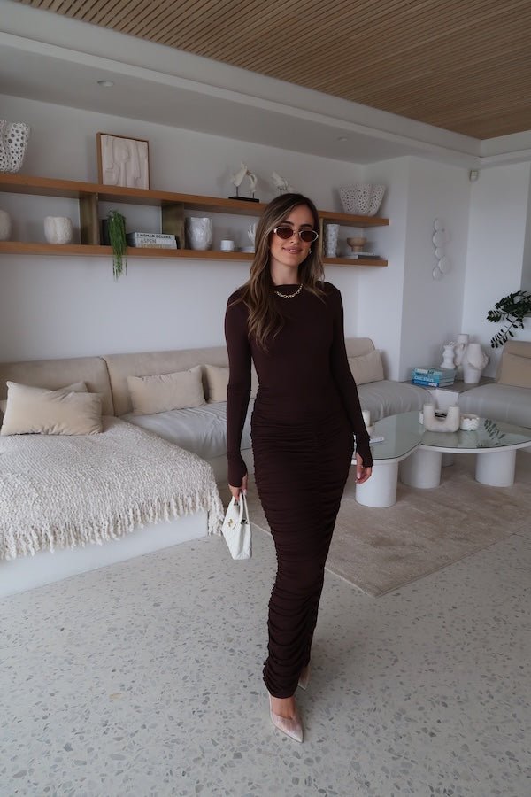 Caterina Midi Dress Chocolate by Sneaky Link – A sexy, cozy modal blend midi with ruched skirt and boat neckline, perfect for chic evening events and cooler nights.
