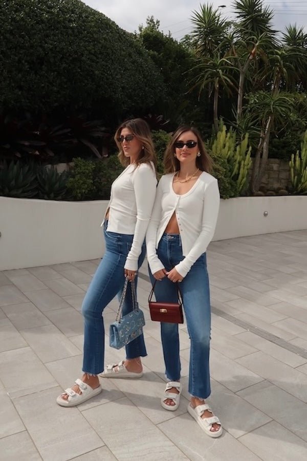 The Hustler Ankle Fray Grasping At Straws by Mother, high-rise ankle flare jeans in medium blue with raw hem, stretchy fit, perfect for everyday cool style.