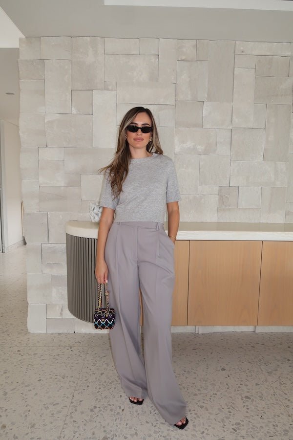 Kate Tailored Pant Grey by Sneaky Link, high-waisted wide-leg pants with waist tucks and crossed belt loops. Stylish, comfortable, and modern.