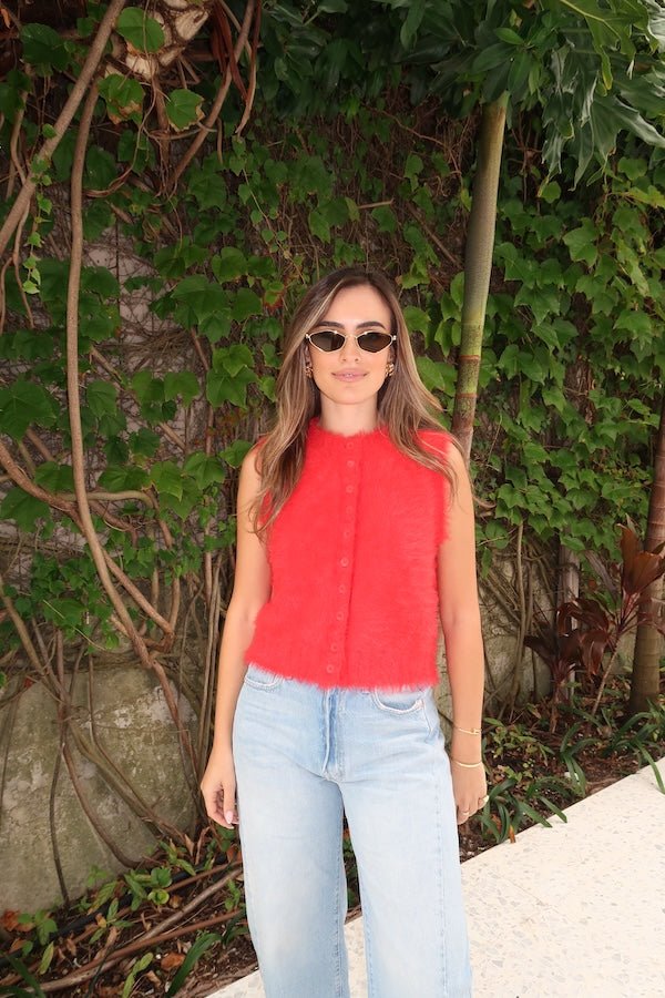 Kai Vest Red by Sneaky Link – Cozy, chic sleeveless vest in soft fluffy yarn. Perfect for layering over long sleeves or under a trench for effortless style.