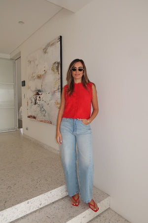 Kai Vest Red by Sneaky Link – Cozy, chic sleeveless vest in soft fluffy yarn. Perfect for layering over long sleeves or under a trench for effortless style.