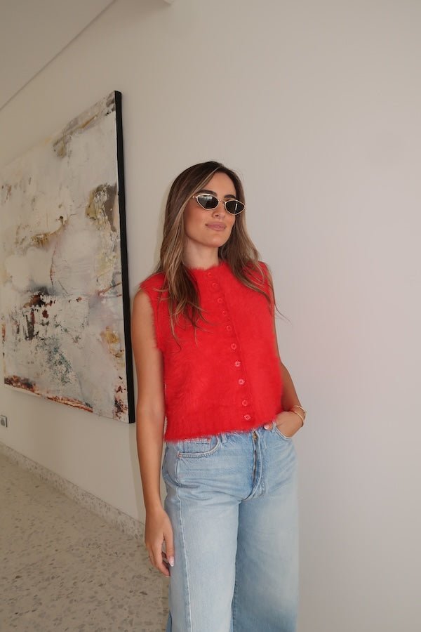 Kai Vest Red by Sneaky Link – Cozy, chic sleeveless vest in soft fluffy yarn. Perfect for layering over long sleeves or under a trench for effortless style.