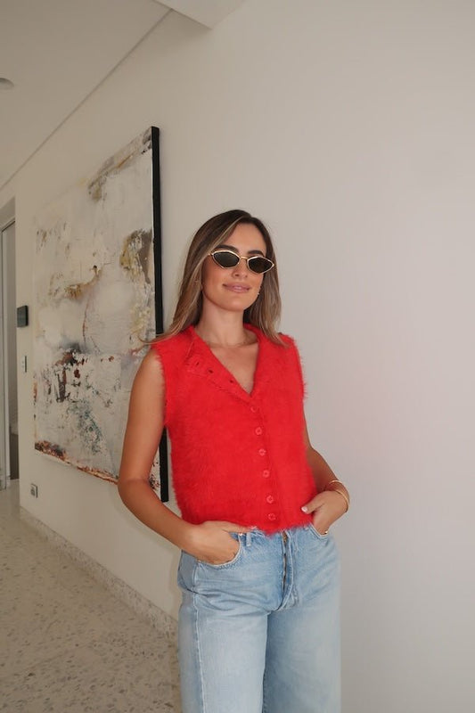 Kai Vest Red by Sneaky Link – Cozy, chic sleeveless vest in soft fluffy yarn. Perfect for layering over long sleeves or under a trench for effortless style.