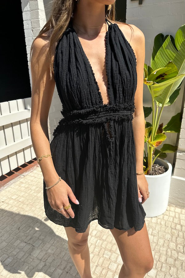 Lefkothea Mini Dress Black by D'Artemide – One-size cotton mini with halter tie, V neckline, and open back with cutouts.