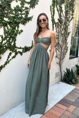 Chloe Dress Khaki by D'Artemide – A one-size cotton dress with ruched strapless bodice, side split, and soft low-back detail.