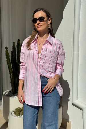 Boston Shirt Pink/Red Stripe by Sneaky Link, oversized cotton button-up with cuffed sleeves and signature snake embroidery for timeless, fresh style.