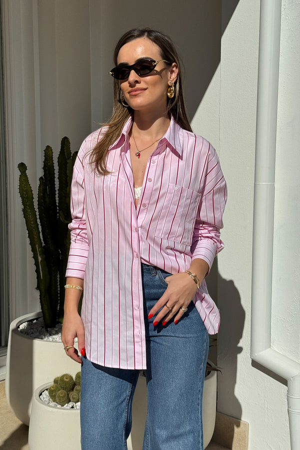 Boston Shirt Pink/Red Stripe by Sneaky Link, oversized cotton button-up with cuffed sleeves and signature snake embroidery for timeless, fresh style.