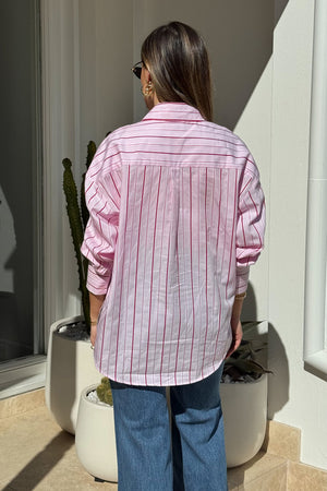 Boston Shirt Pink/Red Stripe by Sneaky Link, oversized cotton button-up with cuffed sleeves and signature snake embroidery for timeless, fresh style.