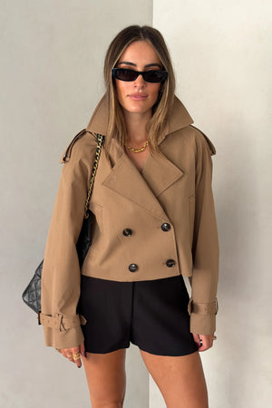 Cropped Trench Jacket Tan by Sneaky Link, structured cropped trench with classic tailoring and a fully lined finish.