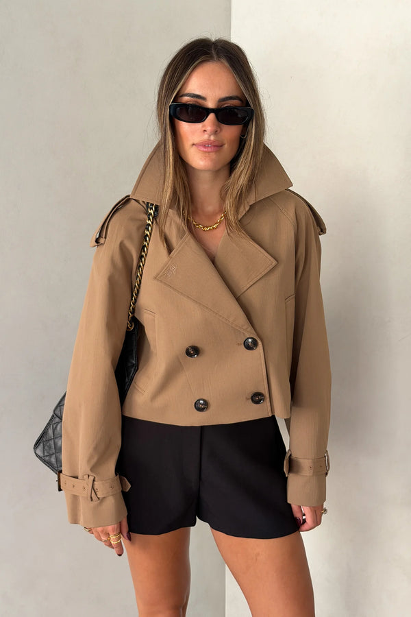 Cropped Trench Jacket Tan by Sneaky Link, structured cropped trench with classic tailoring and a fully lined finish.