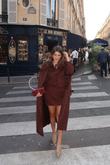 Dani Trench Coat Chocolate by Sneaky Link, modern classic faux suede trench with structured lapels and waist-defining belt, perfect for layering and transitional seasons.