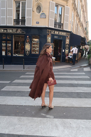 Dani Trench Coat Chocolate by Sneaky Link, modern classic faux suede trench with structured lapels and waist-defining belt, perfect for layering and transitional seasons.