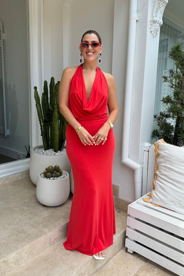 Saint Plunge Maxi Dress Red by Sneaky Link – A trendy, daring maxi with a plunging neckline and silky bias cut, perfect for elegant evenings and standout moments.