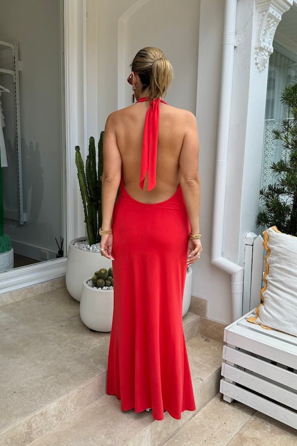Saint Plunge Maxi Dress Red by Sneaky Link – A trendy, daring maxi with a plunging neckline and silky bias cut, perfect for elegant evenings and standout moments.