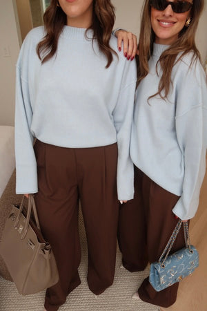 Pia Knit Sweater Blue by Sneaky Link — Soft, cozy wool blend with ribbed neckline, rolled cuffs, and oversized fit. Perfect for layering on cooler days.