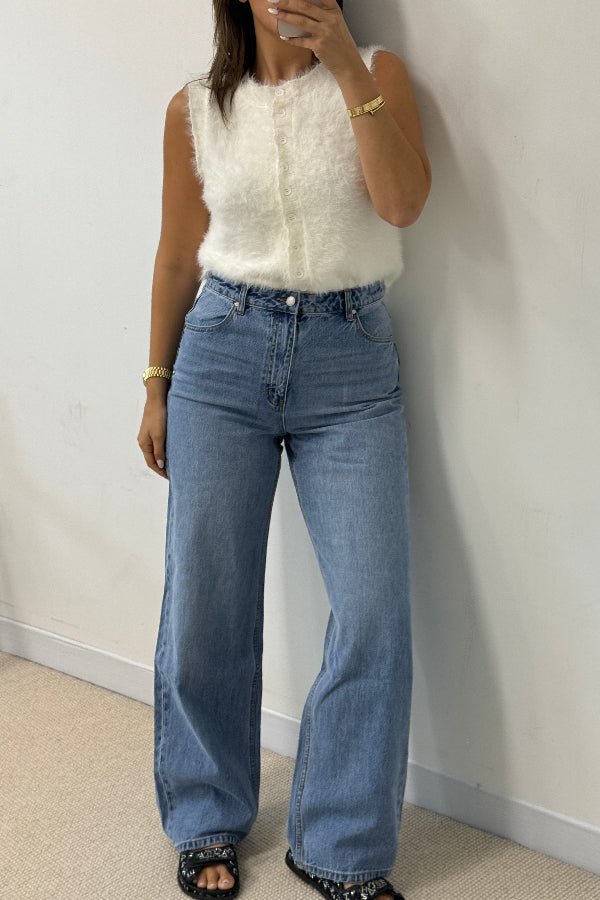 Stella High Rise Straight Leg Light Blue by Sneaky Link, classic high-waist jeans with a straight leg silhouette. Made from 100% cotton with signature SL Snake embroidery. Rigid fit; size up if between sizes. Cold delicate wash.