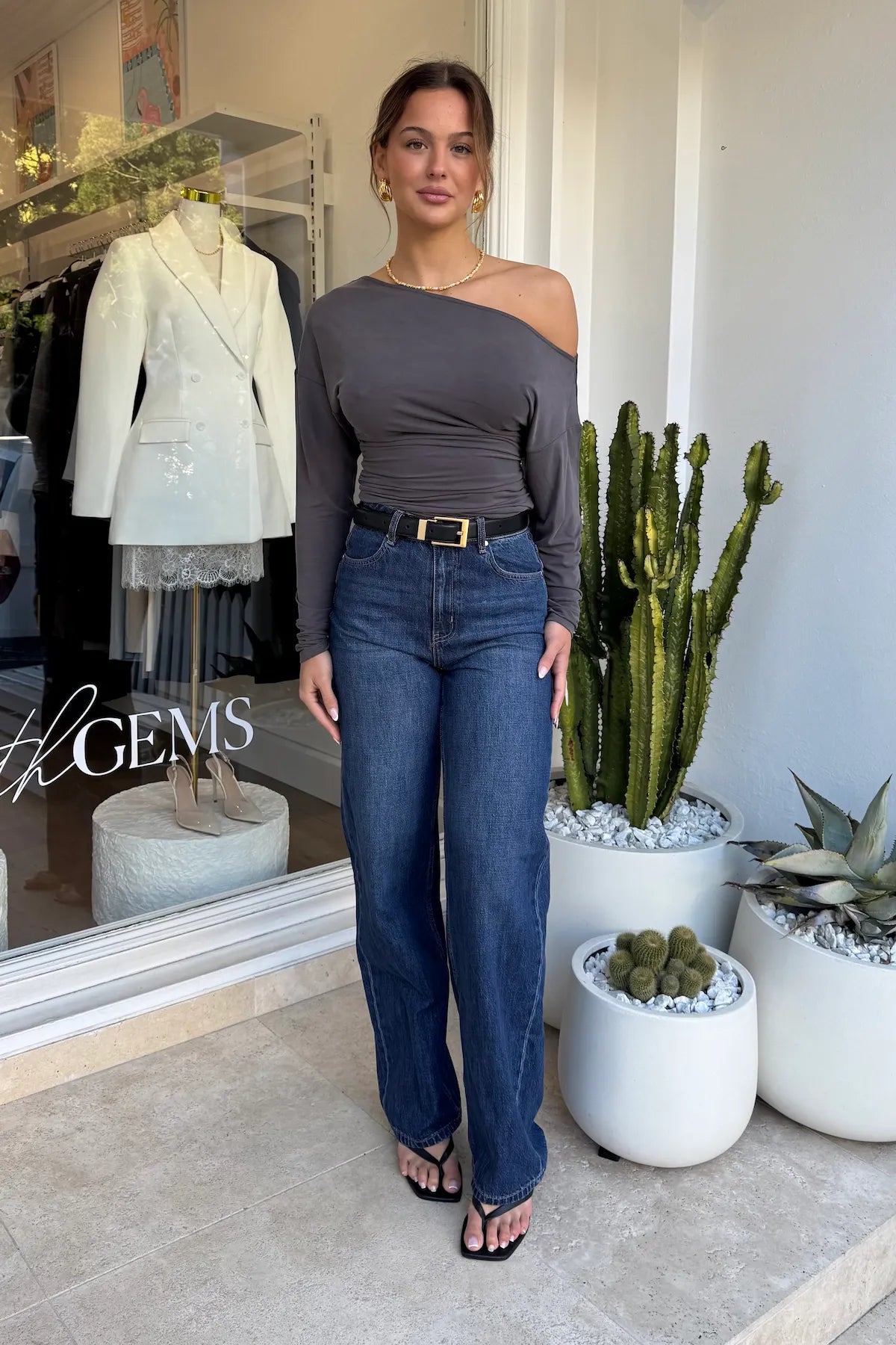 Dee Top by Sneaky Link, off-shoulder top in a soft viscose blend with dolman sleeves and gathered waist for an effortlessly chic look.