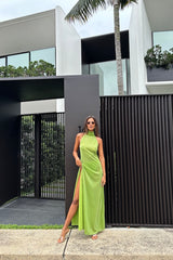 Lumiere Turtleneck Dress Lime by Oséree – Luxurious turtleneck dress with open back and side split for a chic, modern look.