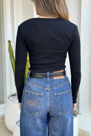 Christina Long Sleeve Top by Sneaky Link, fitted V-neck long sleeve in soft, stretchy cotton rib—perfect for layering or wearing solo.