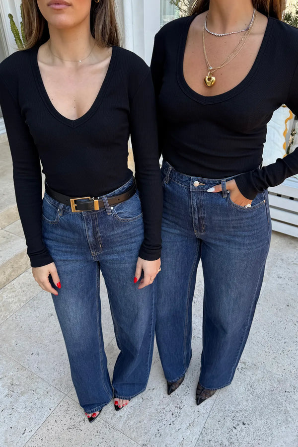 Christina Long Sleeve Top by Sneaky Link, fitted V-neck long sleeve in soft, stretchy cotton rib—perfect for layering or wearing solo.