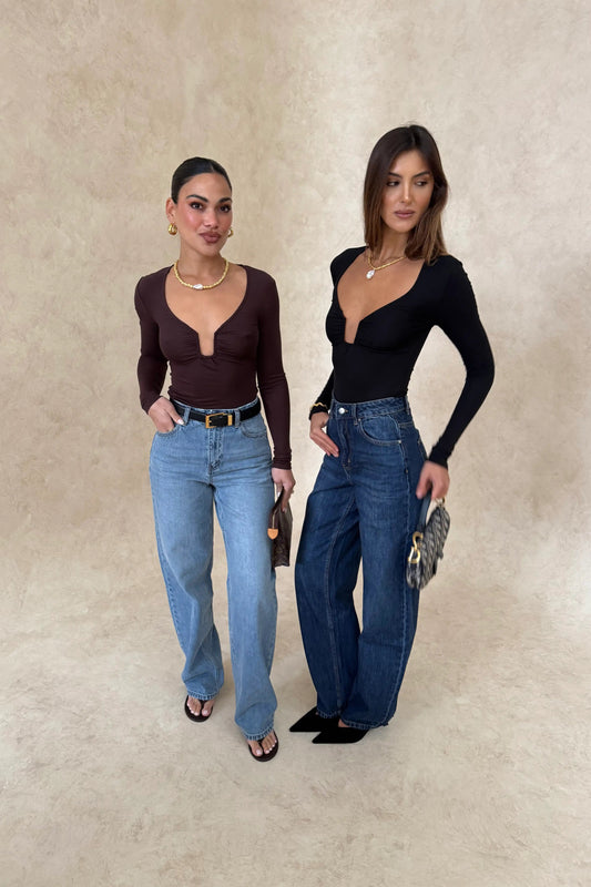 Haley Long Sleeve Top Black by Sneaky Link. Soft modal blend with long sleeves, low neckline, and structured front. Perfect for night outs.