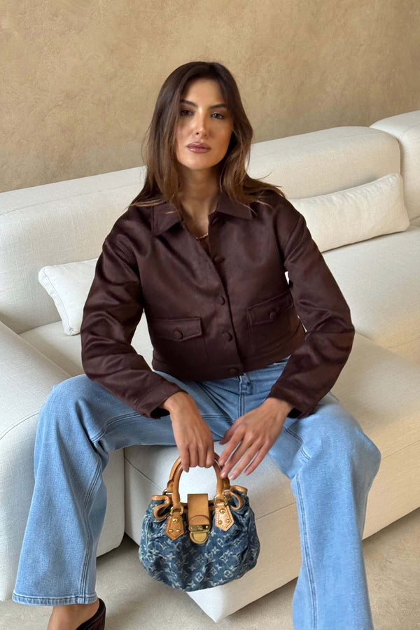 Dani Jacket Chocolate by Sneaky Link, luxe faux suede cropped boxy jacket with button-up front and pockets, perfect for co-ords or denim looks.