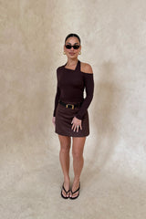 Dani Mini Skirt Chocolate by Sneaky Link, luxe faux suede A-line skirt with crossed belt loop detailing, perfect for co-ords or layering.