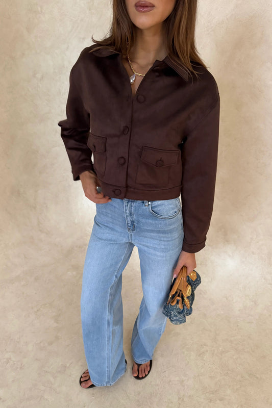Dani Jacket Chocolate by Sneaky Link, luxe faux suede cropped boxy jacket with button-up front and pockets, perfect for co-ords or denim looks.